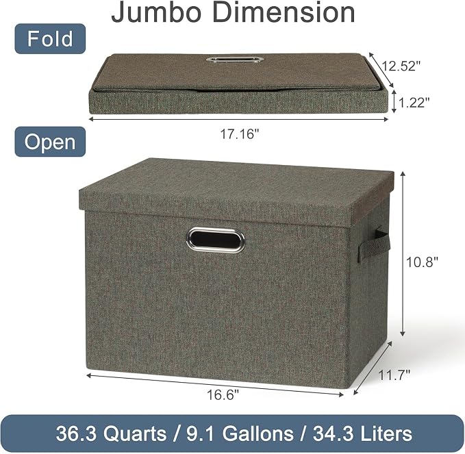 Storage Bins with Lids Fabric Closet Organizers Cubes Office Organization | 36 Quart 3 Pack Dark Green Collapsible Stackable Linen Fabric 4 Handles Bedroom Closet Cabinet Under Bed Clothes Toy Office