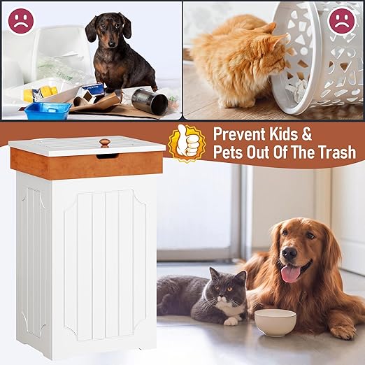 Function Home Trash Can Cabinet, 13 Gallon Kitchen Garbage Can, Wood Recycling Trash Bin, Freestanding Dog Proof Trash Can, Farmhouse Trash Cabinet with Lid for Home Kitchen Bathroom, White