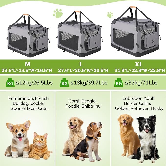 Morpilot 28-inch Portable Collapsible Dog Crate for Dogs up to 40lbs | Travel Dog Crate Soft-Sided for Small Medium Dogs, with Foldable Bowl, Shoulder Strap & Storage Pockets, Grey