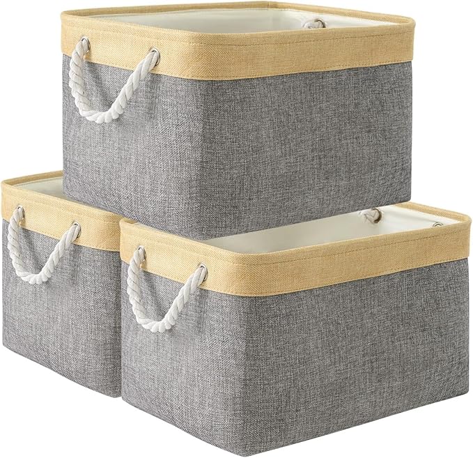 Storage Basket for Organizing - Fabric Large Cubes 3 Pack 16x12x12 inch Baskets, Cube Storage Bin for Shelves Organizer Closet Cloth Gift Toy (Gold & Grey)