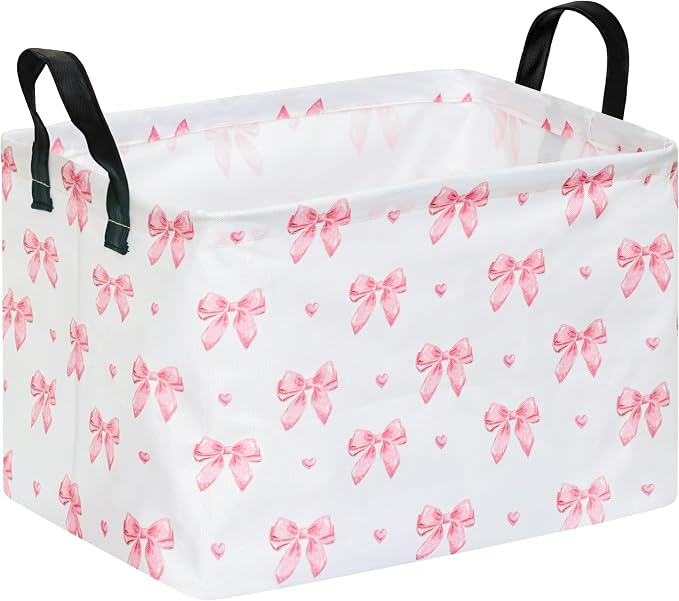 Pink Bow Canvas Storage Basket Waterproof Laundry Hamper with Leather Handles Collapsible Decorative Bin for Girls Bedroom Toys Clothes Gift Giving
