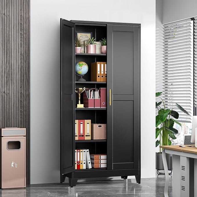 GAIOUS 71" Tall Metal Storage Cabinet with 2 Doors and 4 Adjustable Shelves | Kitchen Pantry Cabinet Black Freestanding Cupboard, 5 Tier Multifunctional Steel Storage for Office, Kitchen, Dining Room