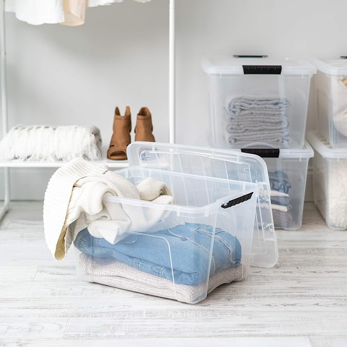 IRIS USA 4-Pack 40 Quart Storage Bins with Lids, Clear | Transparent design makes contents easy to find. Perfect for moving, blankets, clothing, and garage storage. Nestable design