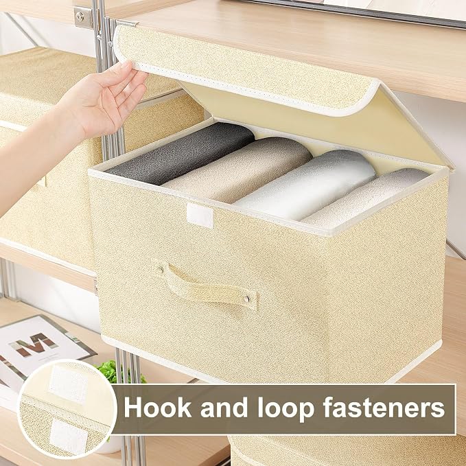 Storage Bins with Handles,Grey and Beige,15x9.8x9.8in,1 Pack | Storage Baskets with PP Board Support,Washable Wardrobe Organisers with Lids,Stackable Organization Bins for Socks,Ties,Scarf