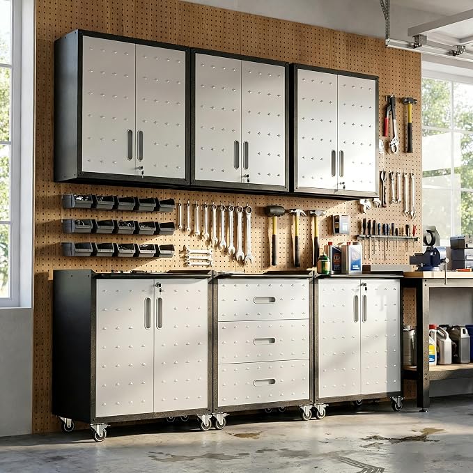 Garage Cabinet System | Heavy Duty Steel All-in-One Modular Garage Cabinet Set for Ultimate Workshop Organization | Easy Assembly Garage Storage Cabinets & Tool Bench