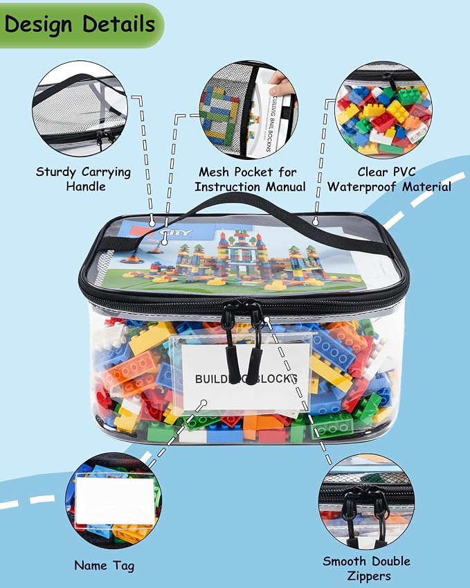 6 Pack Clear Toy Storage Bags with Tag & Pocket – Versatile Waterproof Organizer Bags for Lego Bricks, Board Games, Building Blocks, Puzzles, Dolls, Books