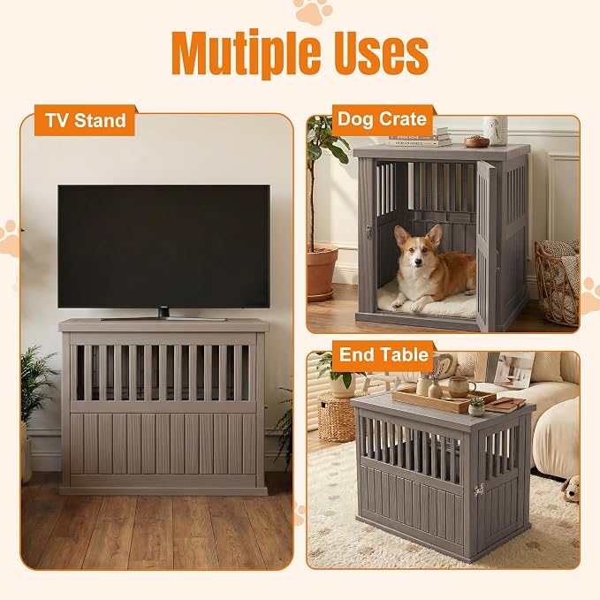 EFU 32 Inch Small Dog Crate Furniture, Indoor Dog Kennel, Puppy Pet House | Resin Pet House End Side Table, Waterproof Puppy Crates Cage for Medium Small Dogs to 45 lb, Grey
