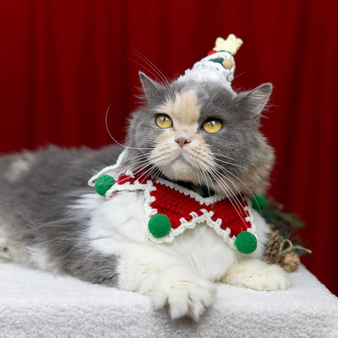 Christmas Cat Costume,Handmade Dog Outfit with Christmas Tree Cat Hat,Knitted Dog Costume,Adjustable Fit Five-Pointed Star Clothes, for Dogs,Rabbits