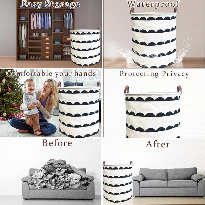 Waterproof Laundry Hamper Collapsible Laundry Basket Leather Handle Laundry Bag Large Clothes Storage Toy Organization for Bathroom Bedroom Laundryroom College Dorms (Hege-003)