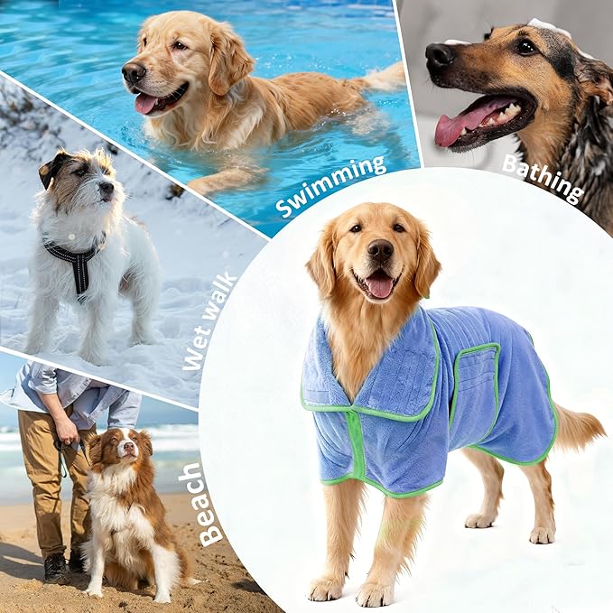 Soft Dog Bathrobe Fast Drying Dog Coat, Super Absorbent Dog Towels for After Bath, Microfiber Pet Robe Adjustable Collar & Belly Warm Keeping Dogs Coat for Pet Dogs & Cats (Blue, 3X-Large)