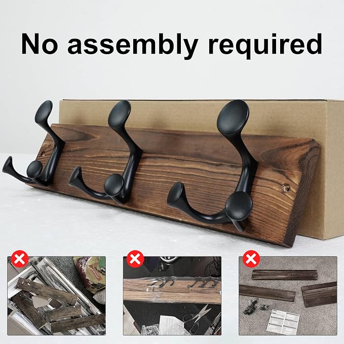 SKOLOO 17-Inch Wood Coat Rack Wall Mount with 3 Triple Hooks - Ideal for Family Entrances, Classrooms, and Pet Supplies Storage - Perfect Coat Hooks for Wall,Charred Golden Brown, Pack of 2