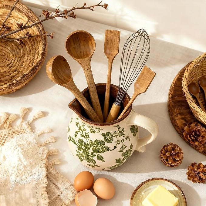 Farmhouse Ceramic Utensil Holder,6.1"Kitchen Counter Utensil Holder | Ceramic Utensil Organizer with Handle for Kitchen Countertop, Vintage Rustic Crock for Home Decor, Flower Pot, Spoon Tools