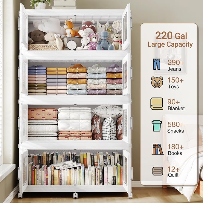 BROVIEW 880 Qt Extra Large Stackable Storage Bin with Lids, 4 Pack White | 220Gal Extra Large, Collapsible Storage Boxes with 4 Lids, Folding& Rolling Plastic Drawer, Heavy-Duty Cabinet Organization