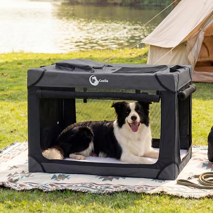 Portable Collapsible Soft Dog Crate for Large Dogs, 36in Black | Oxford Cloth Travel Camping dog kennel with 4 Mesh Windows & 2 Storage Pockets,for Indoor & Outdoor Use