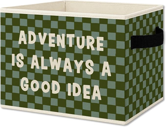 Adventure Classroom Nursery Cube Storage Bins with Handles, Green Checkered Kids Playroom Collapsible Fabric Storage Basket Boxes Books Clothes Organizer for Kids Boys Bedroom Bathroom