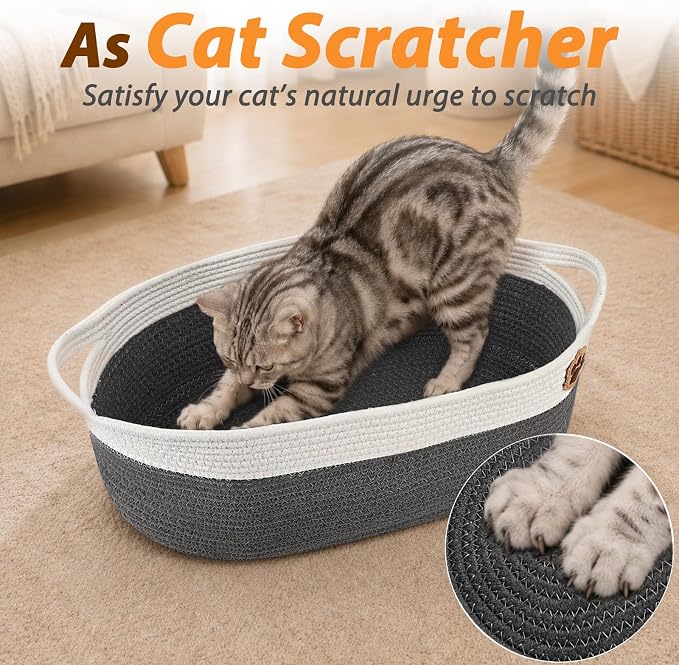 SZEE 2 Pack Stimulicat Handwoven Cat Basket, Large Instinct Cat Bed Baskets | Woven Cotton Rope Cat Scratcher Basket & Pet Toy Organizer, Breathable with Reinforced Handles, 19.7"x11"x7.9", Beige+Gray