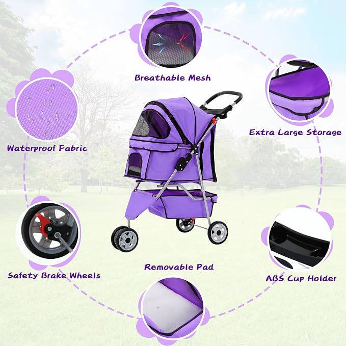 Dog Stroller with Storage Basket,3 Wheels Pet Stroller,Breathable Compact Portable Folding Carrier for Travel,Camping,Dog Carrier for Small Medium Dogs Or Cats,Lightweight Waterproof Pet Stroller
