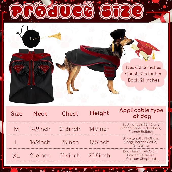 Huhumy 3 Pcs Dog Cat Graduation Doctoral Costume Set, 2026 Pet Phd Graduation Cap and Deluxe Doctoral Gown with Hood Side Tam Puppy Kitty Dogs Grad Holiday Party Costume Accessory(Red,XL)