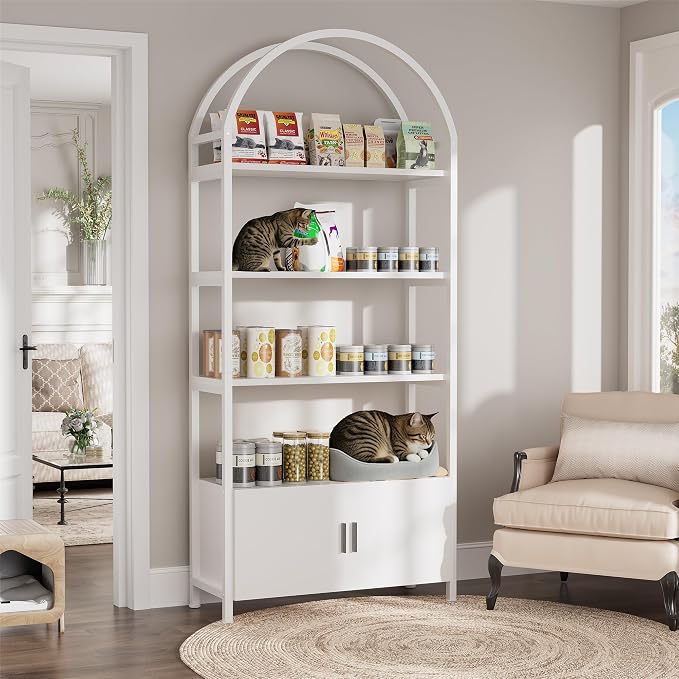 Kepptory Arched Cat Storage Shelf, 5-Tier Cat Tower Display Rack with Cabinet