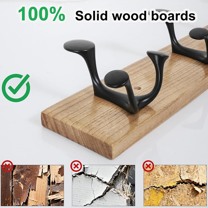 SKOLOO 17-Inch Wood Coat Rack Wall Mount with 3 Triple Hooks - Ideal for Family Entrances, Classrooms, and Pet Supplies Storage - Perfect Coat Hooks for Wall, Black on Natural
