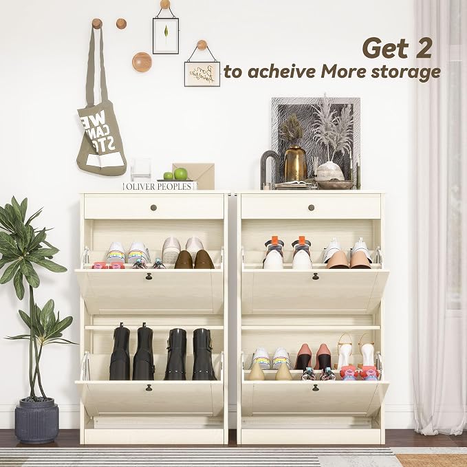 Wooden Shoe Rack with 2 Flip Drawers, Entryway Shoe Storage Cabinet | Freestanding Modern Shoe Organizer with Adjustable Shelves, Small Closed Shoe Rack Cabinet for Front Door Entrance,Light Oak
