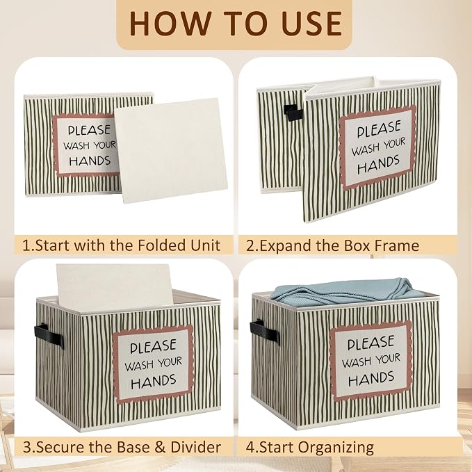 Please Wash Your Hands Bathroom Foldable Storage Bins Box with Handles, Boho Neutral Striped Decorative Storage Boxes Baskets Organizer for Washroom Guest Bathroom