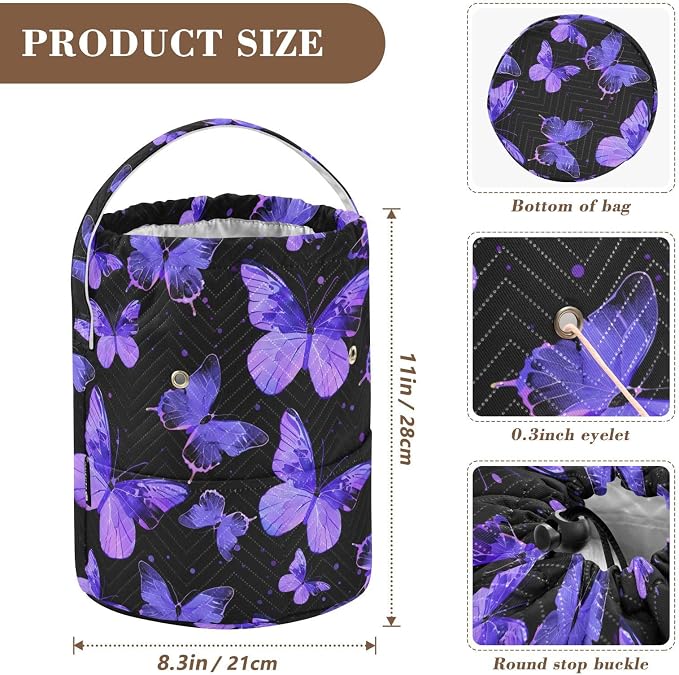 Fustylead Hand Draw Purple Butterflies Silhouette Large Crochet Organizer, Durable Polyester Drawstring Basket Yarn Storage Bag for Crochet Hooks, Knitting Needles, Project and Sewing Supplies