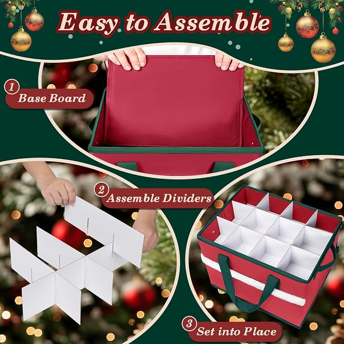 Christmas Ornament Storage Box with Adjustable Dividers Zippered Top Stores up to 36 Holiday Ornaments (4 Inch) Xmas Ball Decorations Organizer Storage Container Bin