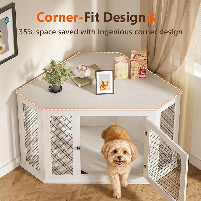 52" Corner Dog Crate Furniture, Wooden Dog Kennel Indoor | Corner Dog Kennel Furniture for Medium-Large Dogs, White Space-Saving Decorative Indoor Pet House with Mesh Door & Lock