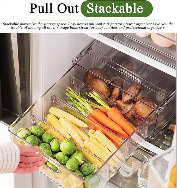 bealy Clear Drawer Organizer with 3 Dividers, Fruit Containers for Fridge Organization, Clear Stackable Storage Drawers, BPA Free, 6.34QT