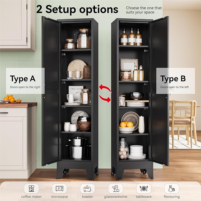 YAUWOH White Narrow Metal Storage Cabinet, Tall Freestanding Cabinet with 4 Adjustable Shelves & Barn Doors, Pantry Organizer for Bathroom Kitchen Home Office Dining Room（1PC,Black）