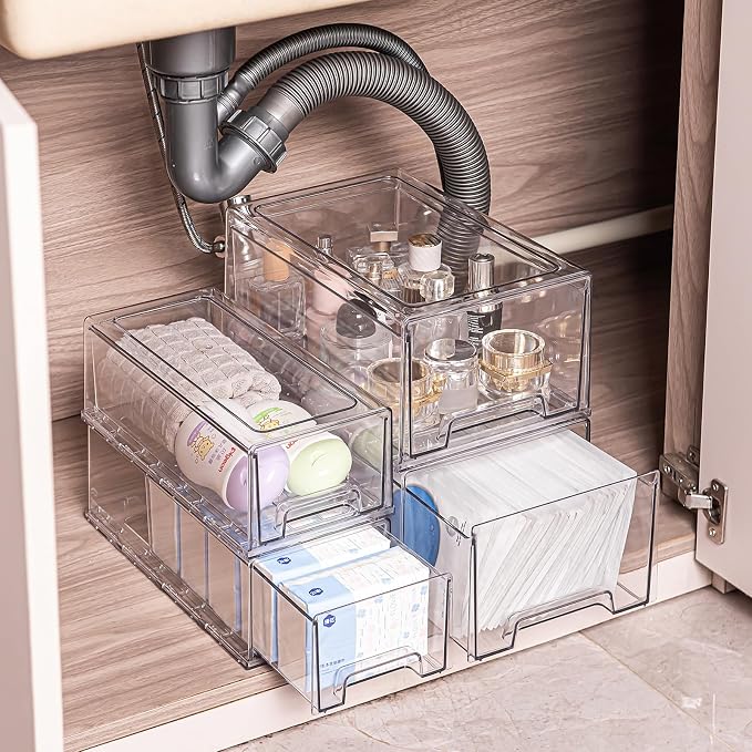 2 Pack Stackable Organizer Drawers, Clear Desk Storage Box,Transparent Drawer in Home, Office and Kitchen Pull Out Organizer Bins for Make Up, Pen, Desktop Stationary (2Extra Large)