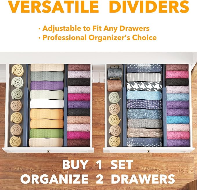 SpaceAid Bamboo 4 Pack Dresser Drawer Dividers, 4.65“ High Adjustable 12.5“-17” Drawer Organizers, Expandable Organization for Clothing, Clothes, Dressers, Navy Blue