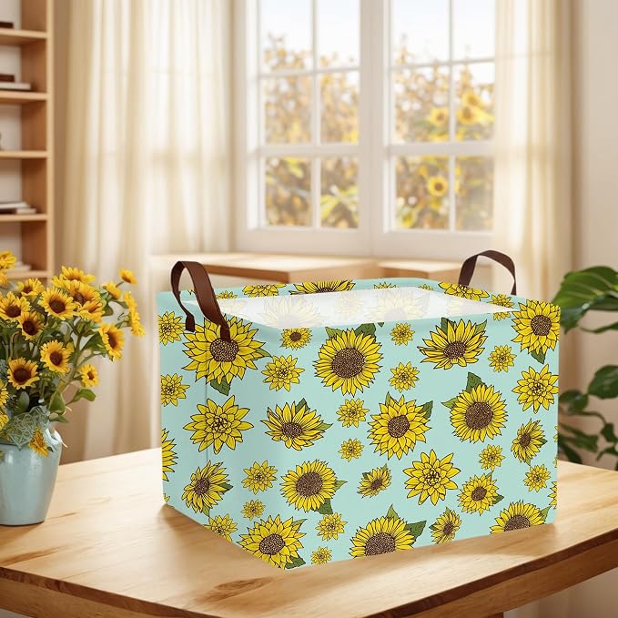 Cute Rectangle Storage Basket, Sunflower | Gift Basket Collapsible, Toy Bin, Nursery Playroom Bedroom Decor, Baby Child