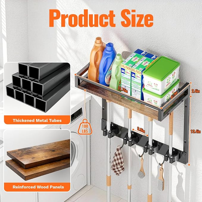 Broom Holder Wall Mount with Shelf, 15.7" Wx6.7 Dx15.7 H, 1 Pack | Load 66LBS, 4 Mop Hanger Grippers, 3 Hooks, for Laundry Room, Garage, Utility Closet, Kitchen