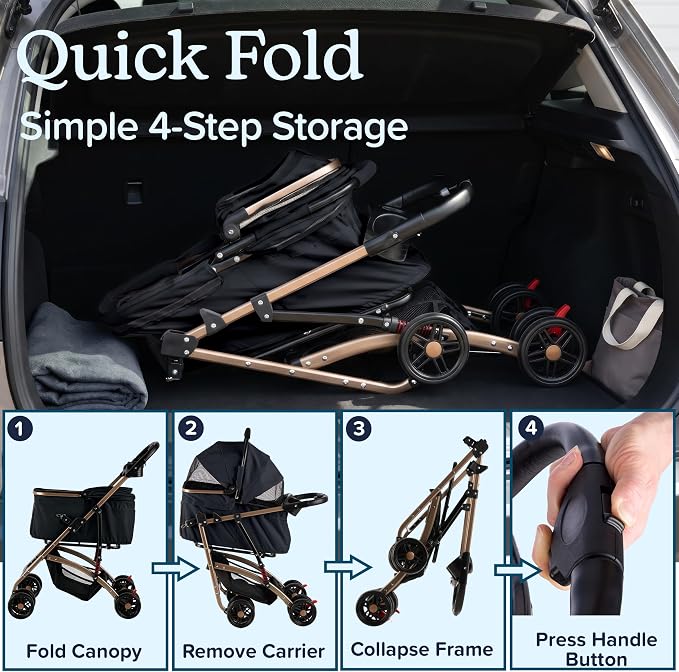 2-in-1 Pet Stroller with Detachable Carrier - Lightweight Foldable Dog Strollers for Small Dogs and Cats - Cat Carrier with 4 Shock Absorbing Wheels, Cupholders and Storage Basket by PETMAKER (Black)