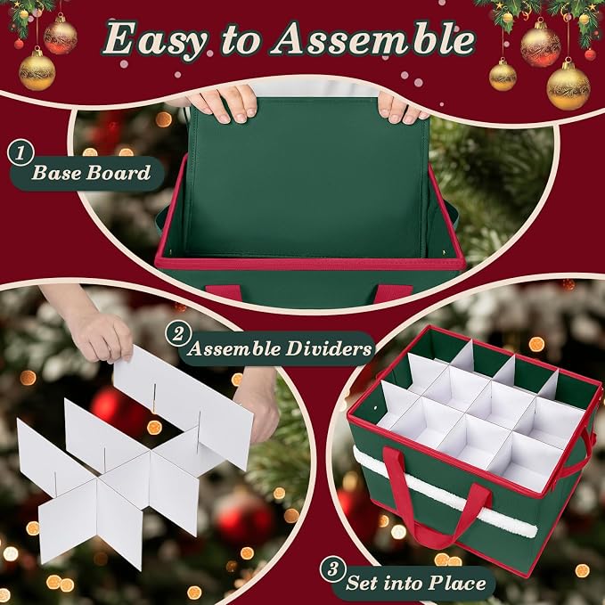 Christmas Ornament Storage Box with Adjustable Dividers Zippered Top Stores up to 36 Holiday Ornaments (4 Inch) Xmas Ball Decorations Organizer Storage Container Bin