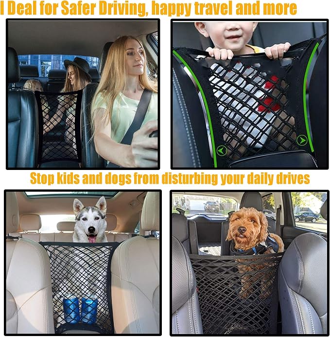 DYKESON Pet Barrier Dog Car Net Barrier with Auto Safety Mesh Organizer Baby Stretchable Storage Bag Universal for Cars, SUVs -Easy Install,Safer to Drive with Pets and Children, 2 Layer | Upgraded Pet Barrier With Stretchable Storage Bag Pouch，Auto Ba...