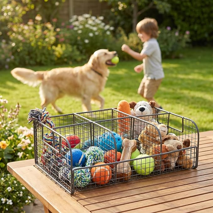 dog toy bin chew proof Large Metal Mesh DOG TOY basket with Compartments and Handle dogs toys bin dog food storage container box Countertop Pet Storage Organizer