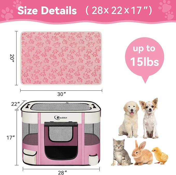 Siedihit 28" Dog Playpen,Cat Puppy Pen, Pet Portable Crate Indoor Outdoor | Durable Travel Camping Use,Foldable Dog Kennel Tent Cage for Rabbit Small Animals with Carrying Case(Pink with Blanket, Small