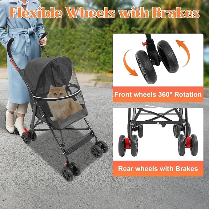 Pet Stroller for Small Medium Dogs Up to 22lbs, 4 Wheels Folding Pet Carriage Cart for Dogs Cats, Portable Cat Puppy Jogging Stroller with Rear Pocket and Cup Holder (Black)