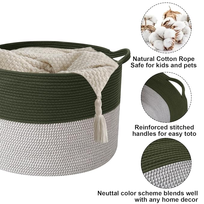 115L Extra Large Blanket Basket,Woven Laundry Basket-Green&White | Collapsible, reinforced handles, nursery storage bin organizes clothes, toys and pillows for living room, bedroom bathroom