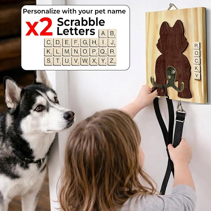 Husky Dog Leash Holder Wall Mount with Scrabble Letters, Wooden Dog Wall Hook Organizer, Pet Collar and Harness Holder Entryway, Key Hook & Leash Rack, Home Decor for Pet Lovers PF297-45