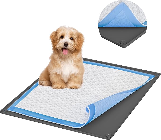 Skywin Dog Pee Pad Holder Tray Fits for 36” x 36” Pee Pads - 1 Pack - Grey | Corner Lock Holes, Raised Edges, Non-Spill, Easy to Clean Silicone Dog Potty Tray Holder, For Indoor Floor Protection