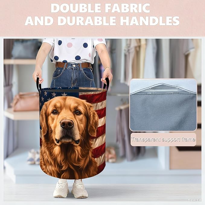 Patriotic Golden Retriever Laundry Basket Hamper 19.7"x15.8", Organizer Bins Gifts for Kids Boys Girls, American Flag Foldable Waterproof Oxford Clothes Storage Bucket for Bedroom Bathroom Decor