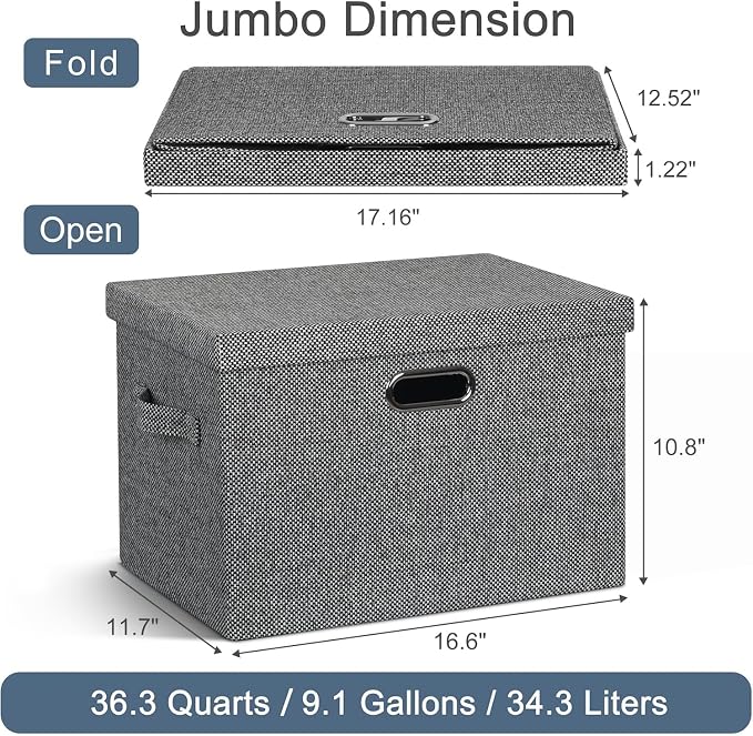 Storage Bins with Lids Fabric Closet Organizers Cubes Office Organization | 36 Quart 3 Pack Black and White Mix Collapsible Stackable Linen Fabric 4 Handles Bedroom Closet Cabinet Under Bed Clothes Toy