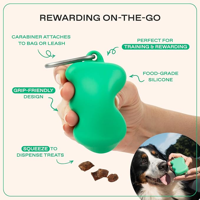 Springland Silicone Dog Training Treat Pouch for Leash, Green | One-hand squeeze dispenser, food-grade silicone, BPA-free, carabiner included, easy-fill holder for rewards on the go