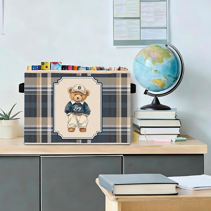 Boyhood Bear Storage Bin, Blue Plaid Foldable Fabric Basket | Foldable blue plaid fabric organizer with Long Live Boyhood bear design for nursery, bedroom, playroom, toys, books, clothes