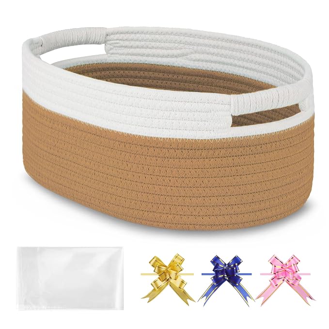 Small Woven Gift Basket with Bag & Ribbons, Camel | Cotton Rope, 13”x 9”x 5.5”, Fits for Kids, Women & Men, Bedroom, Living Room, Nursery & Bathroom Storage, Cat & Dog Toy Boxes