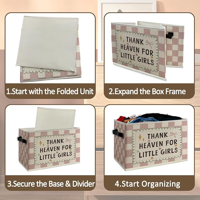 Girl Nursery Cube Storage Bins with Handles, Thank Heaven for Little Girls Pink Checkered Collapsible Fabric Storage Basket Boxes Books Clothes Organizer for Girls Room Bedroom Bathroom